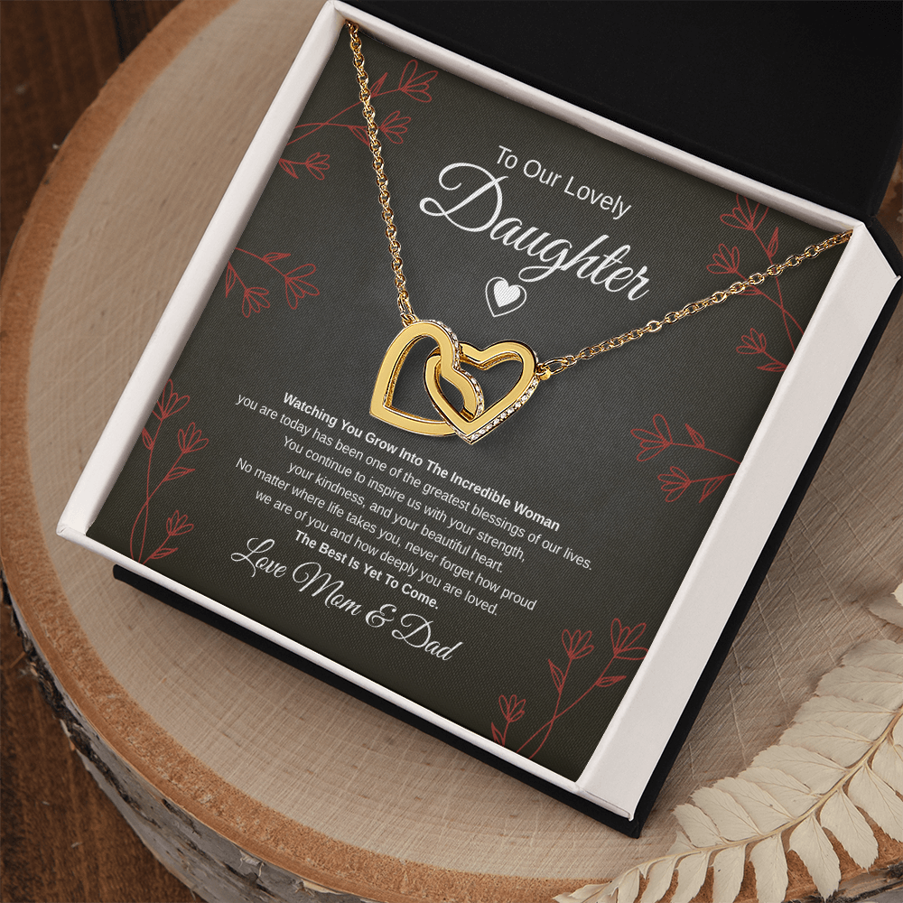 Gift To Our Lovely Daughter From Mom & Dad “One Of The Greatest Blessings Of Our Life”  Interlocking Hearts necklace