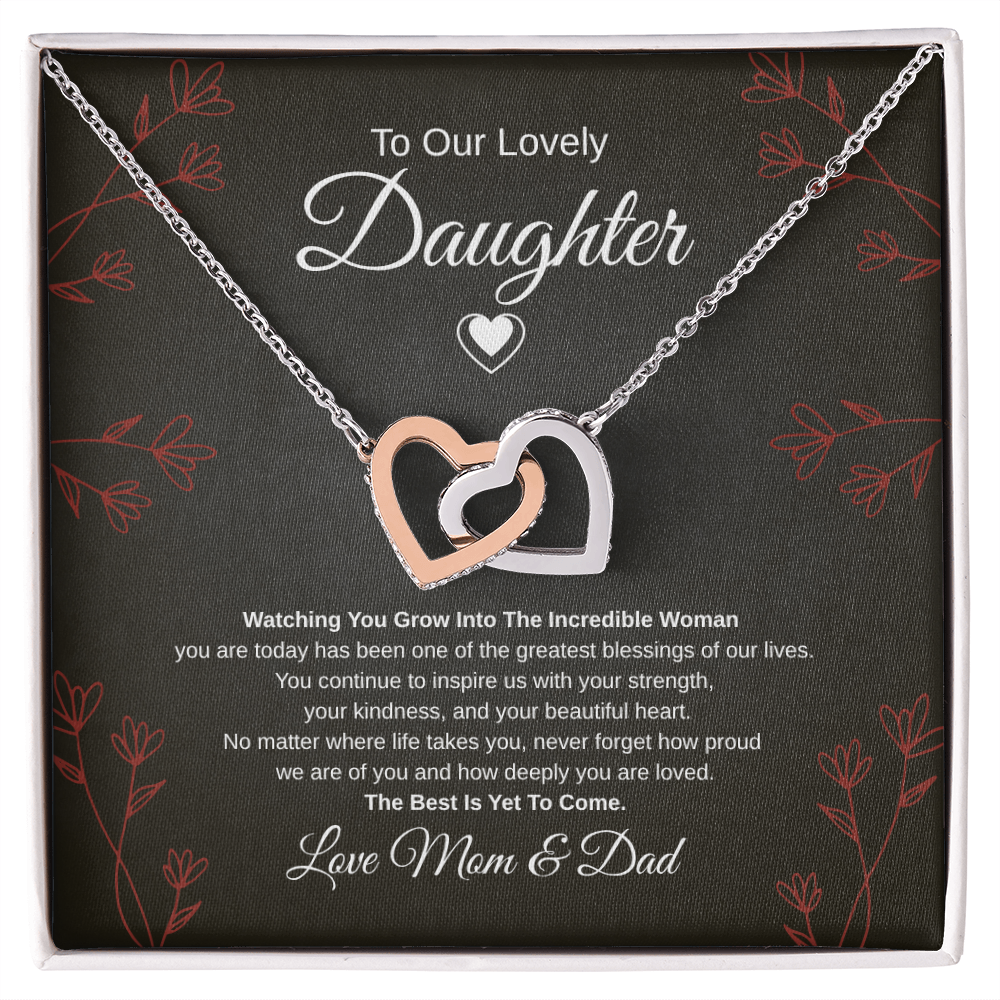 Gift To Our Lovely Daughter From Mom & Dad “One Of The Greatest Blessings Of Our Life”  Interlocking Hearts necklace