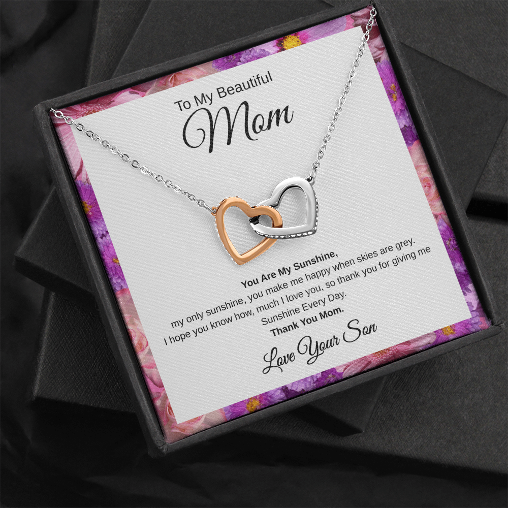 Gift From Son, To My Beautiful Mom "You Are My Sunshine" Interlocking Hearts Necklace
