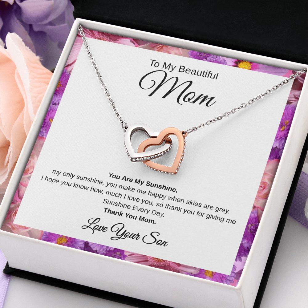 Gift From Son, To My Beautiful Mom "You Are My Sunshine" Interlocking Hearts Necklace