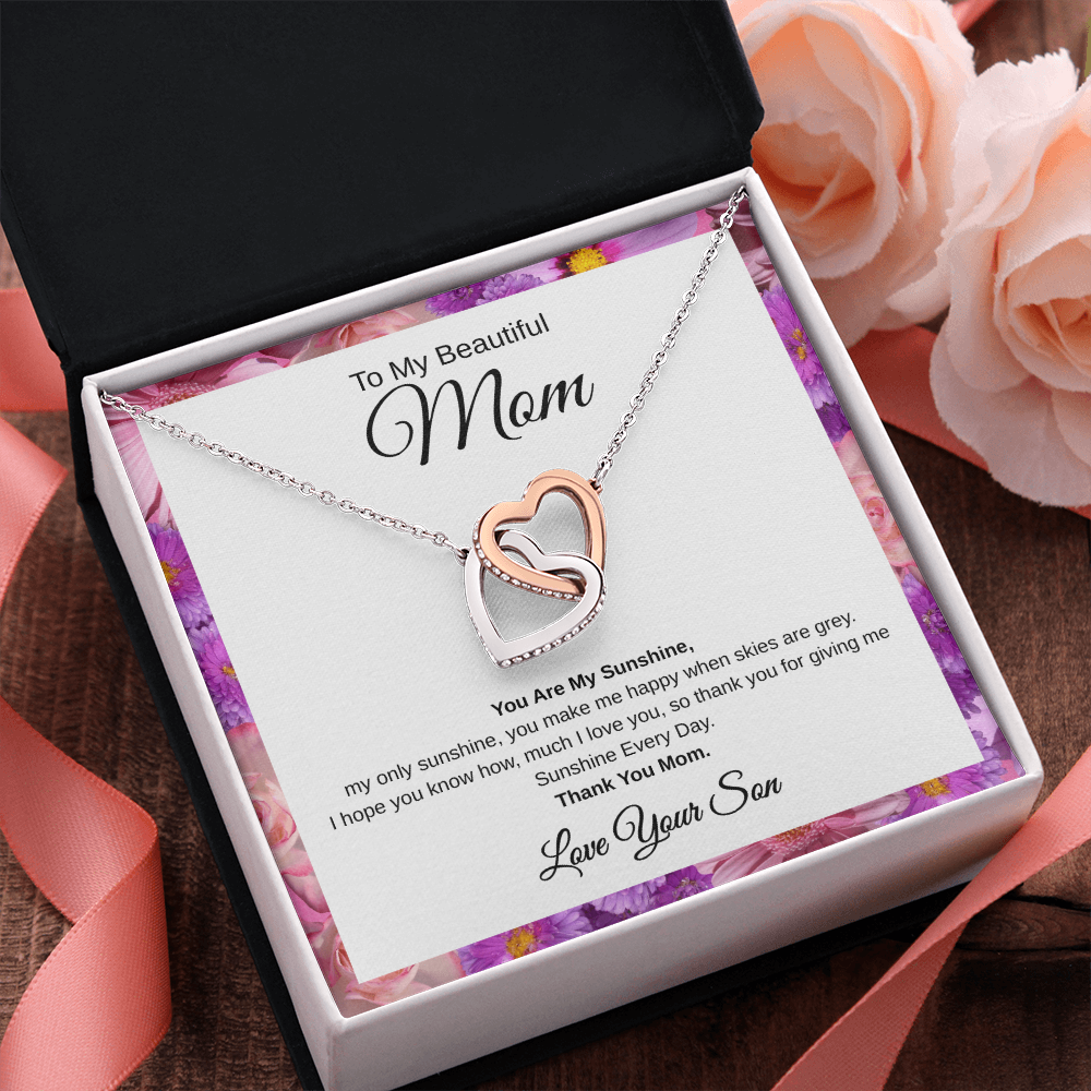 Gift From Son, To My Beautiful Mom "You Are My Sunshine" Interlocking Hearts Necklace