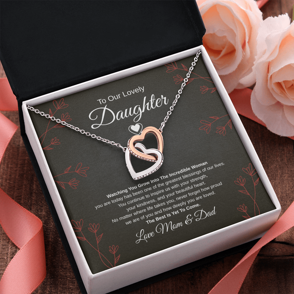 Gift To Our Lovely Daughter From Mom & Dad “One Of The Greatest Blessings Of Our Life”  Interlocking Hearts necklace