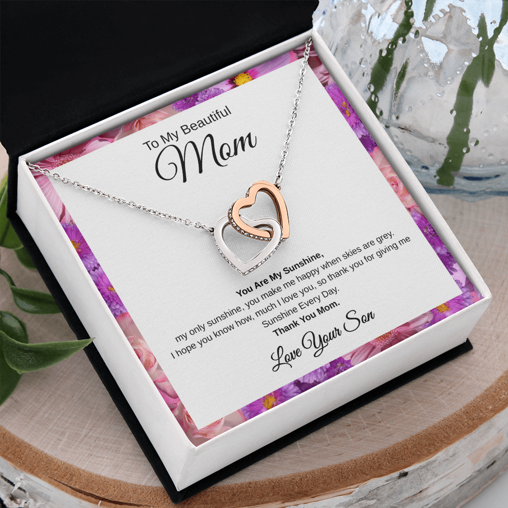 Gift From Son, To My Beautiful Mom "You Are My Sunshine" Interlocking Hearts Necklace