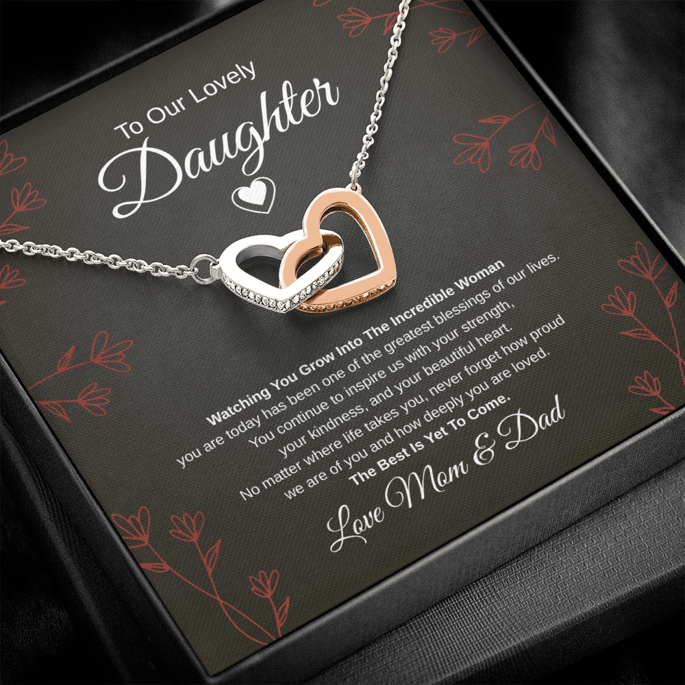 Gift To Our Lovely Daughter From Mom & Dad “One Of The Greatest Blessings Of Our Life”  Interlocking Hearts necklace