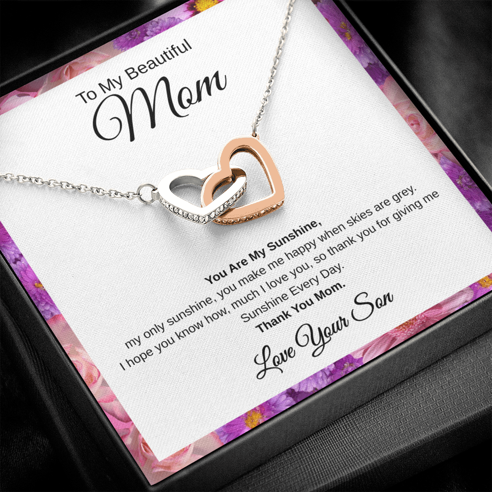 Gift From Son, To My Beautiful Mom "You Are My Sunshine" Interlocking Hearts Necklace