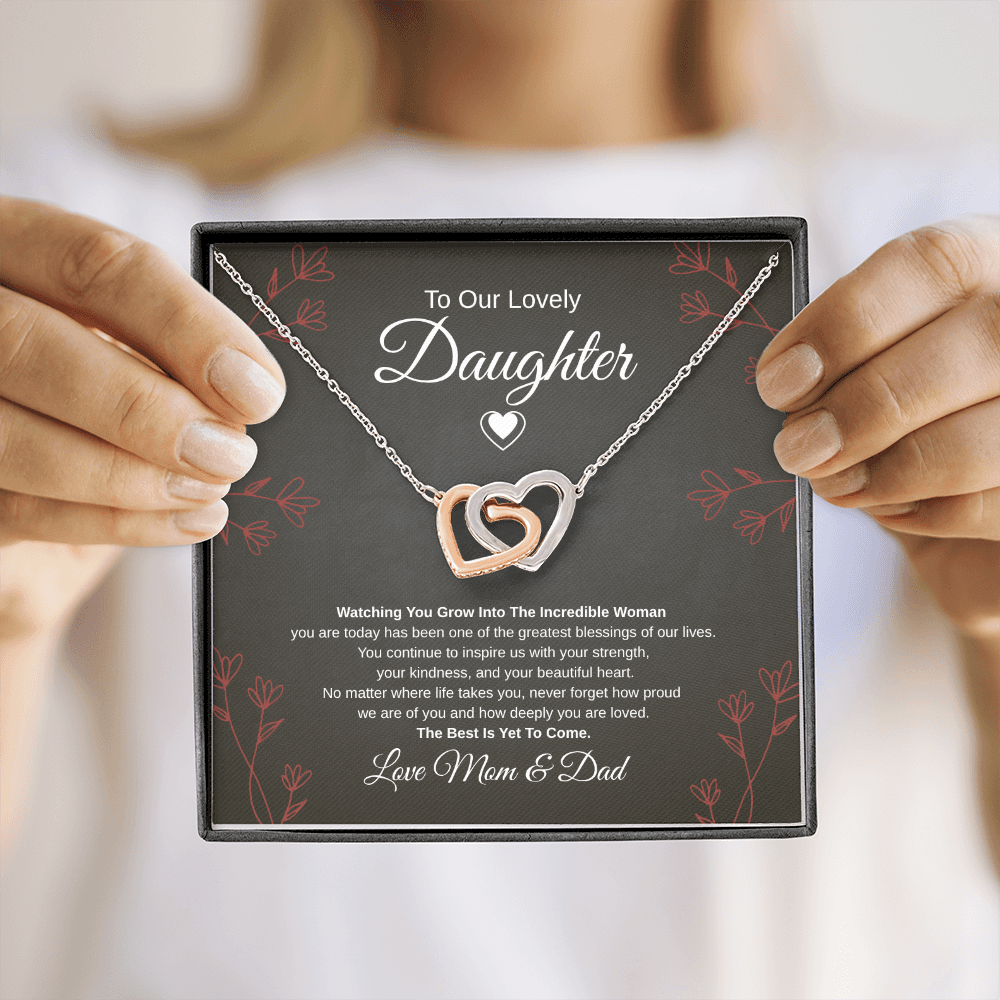 Gift To Our Lovely Daughter From Mom & Dad “One Of The Greatest Blessings Of Our Life”  Interlocking Hearts necklace
