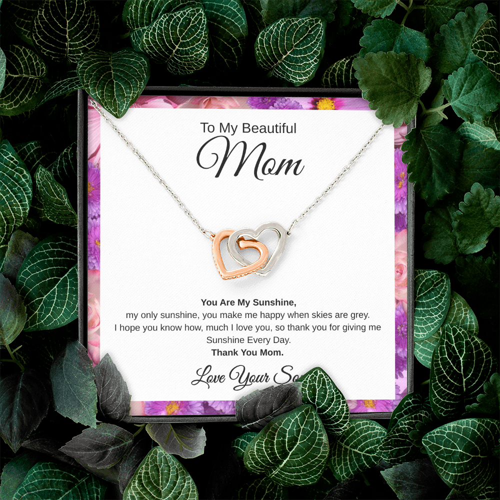 Gift From Son, To My Beautiful Mom "You Are My Sunshine" Interlocking Hearts Necklace
