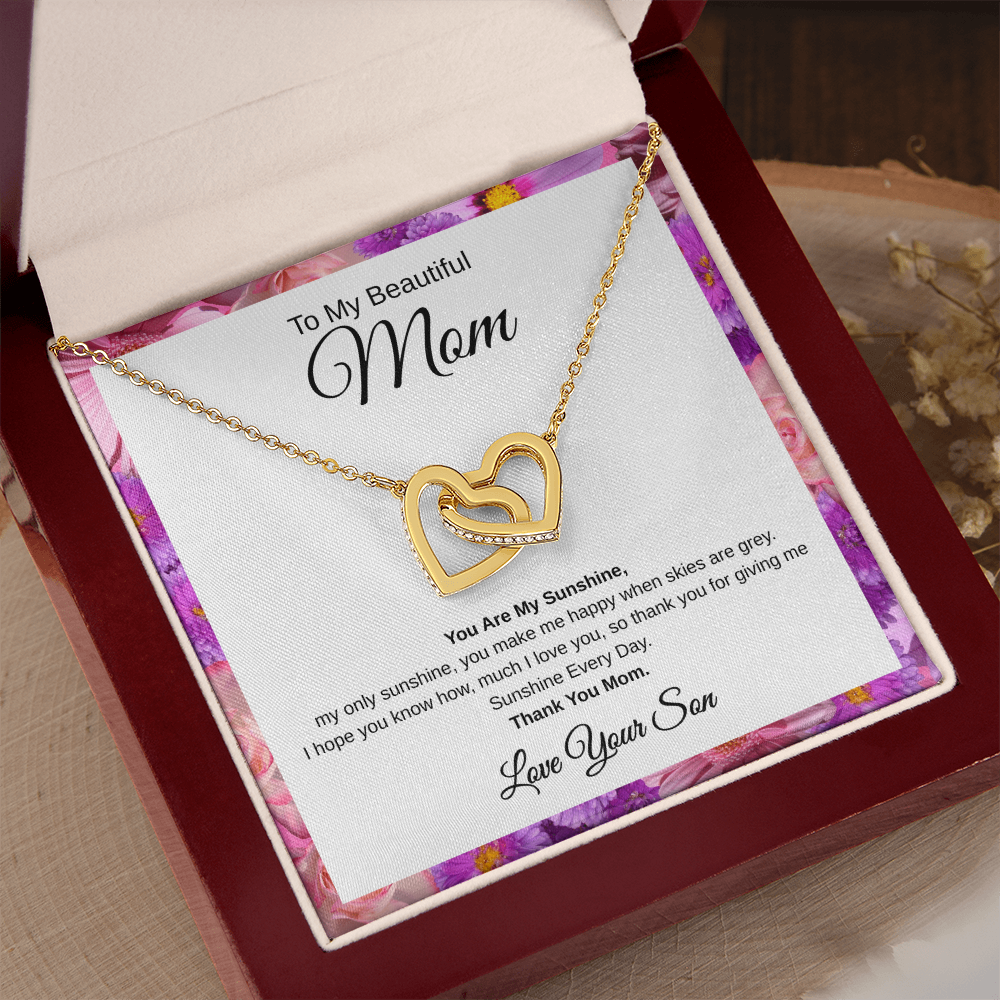 Gift From Son, To My Beautiful Mom "You Are My Sunshine" Interlocking Hearts Necklace