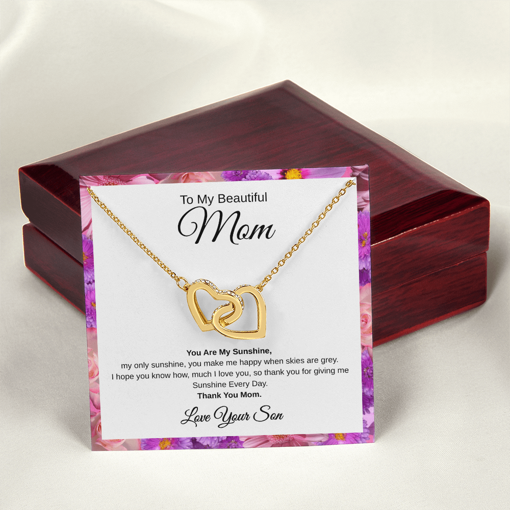 Gift From Son, To My Beautiful Mom "You Are My Sunshine" Interlocking Hearts Necklace