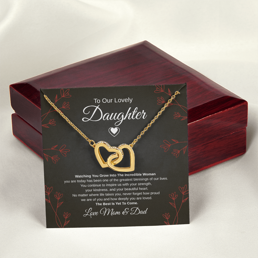 Gift To Our Lovely Daughter From Mom & Dad “One Of The Greatest Blessings Of Our Life”  Interlocking Hearts necklace