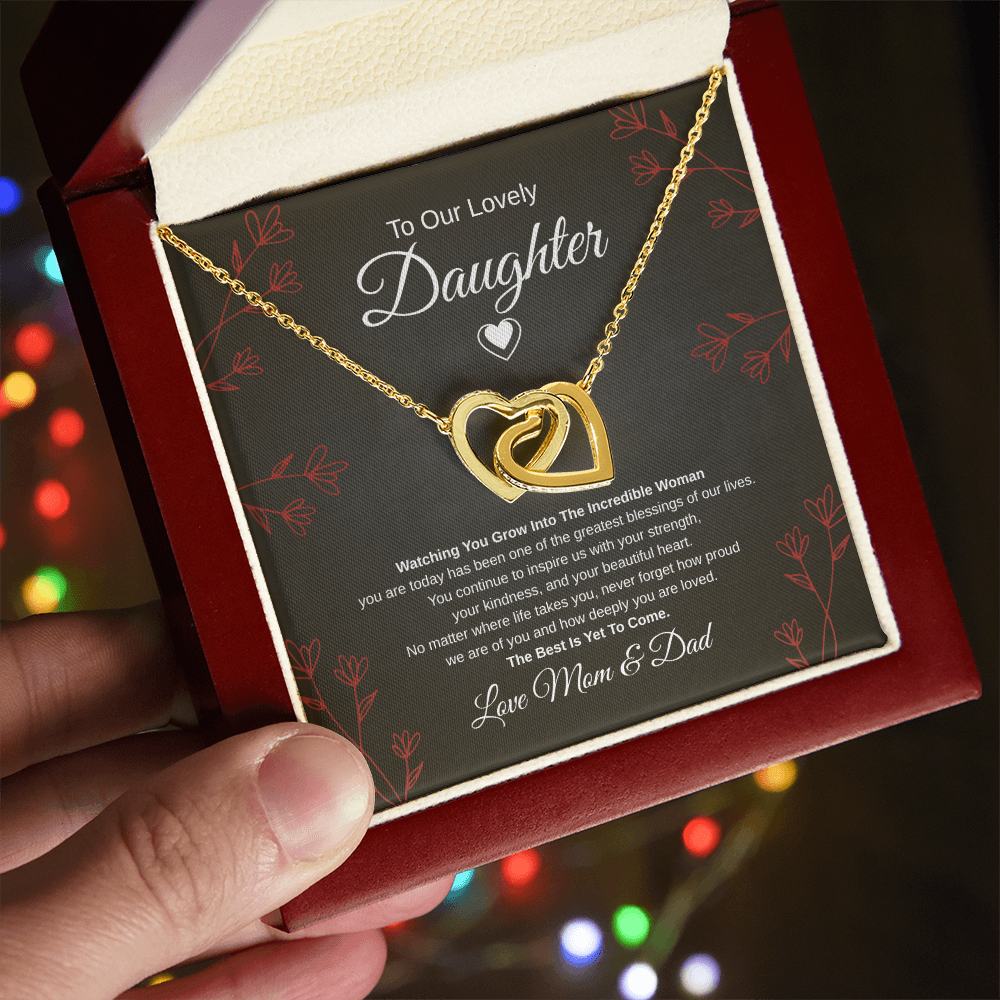 Gift To Our Lovely Daughter From Mom & Dad “One Of The Greatest Blessings Of Our Life”  Interlocking Hearts necklace