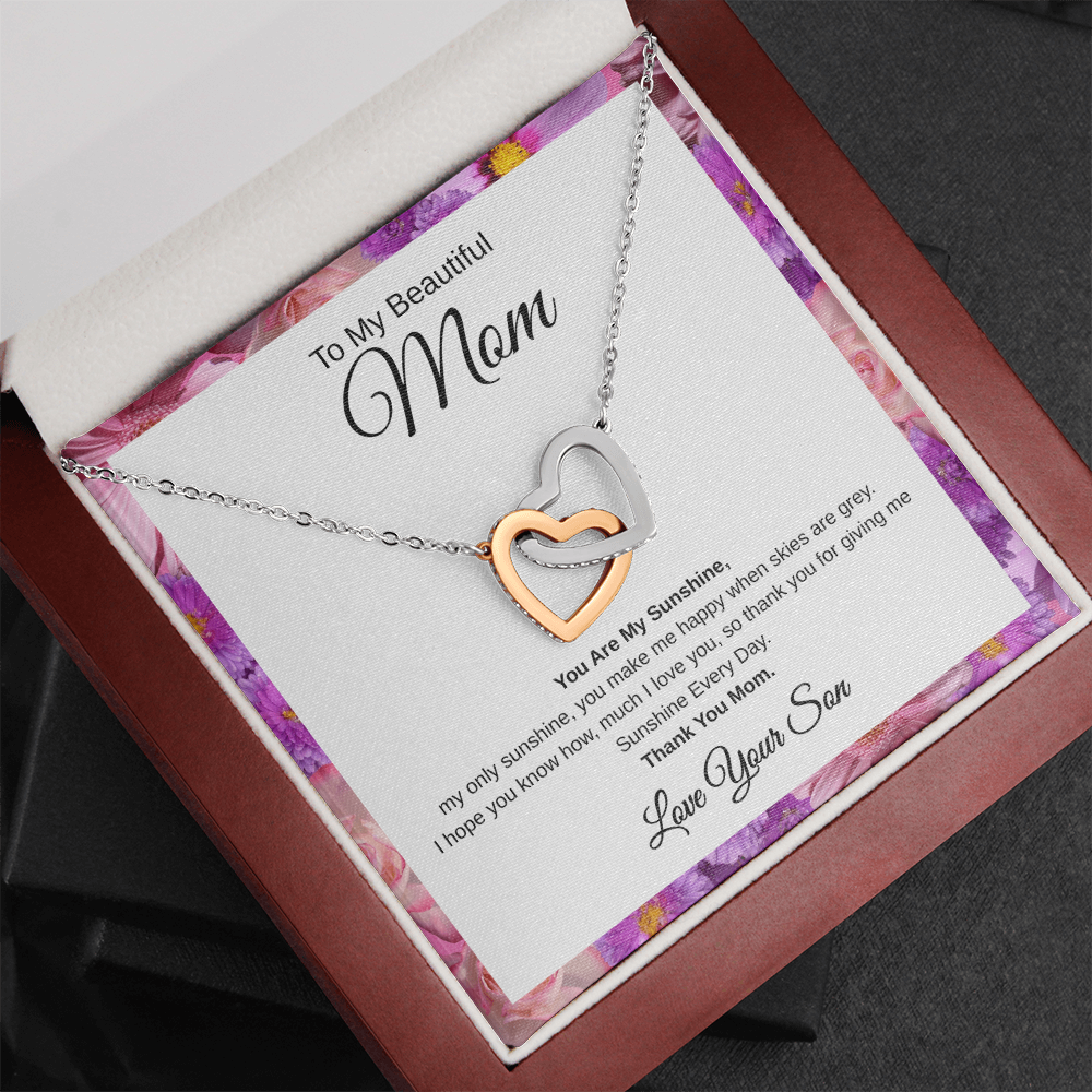 Gift From Son, To My Beautiful Mom "You Are My Sunshine" Interlocking Hearts Necklace