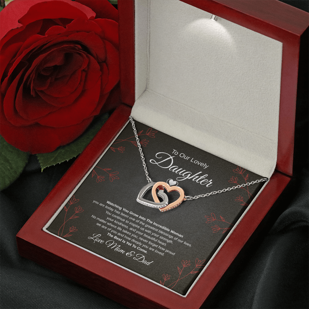 Gift To Our Lovely Daughter From Mom & Dad “One Of The Greatest Blessings Of Our Life”  Interlocking Hearts necklace