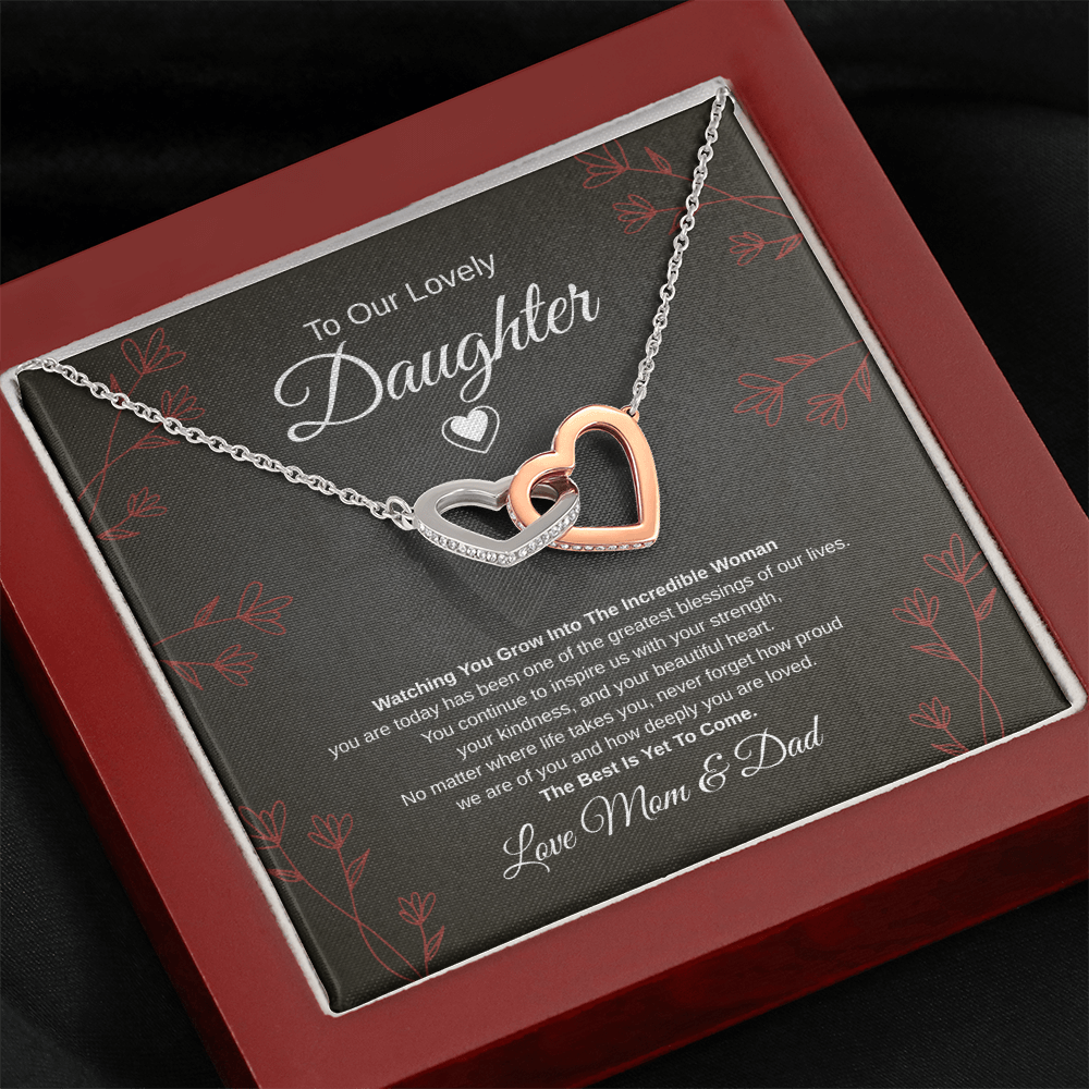 Gift To Our Lovely Daughter From Mom & Dad “One Of The Greatest Blessings Of Our Life”  Interlocking Hearts necklace