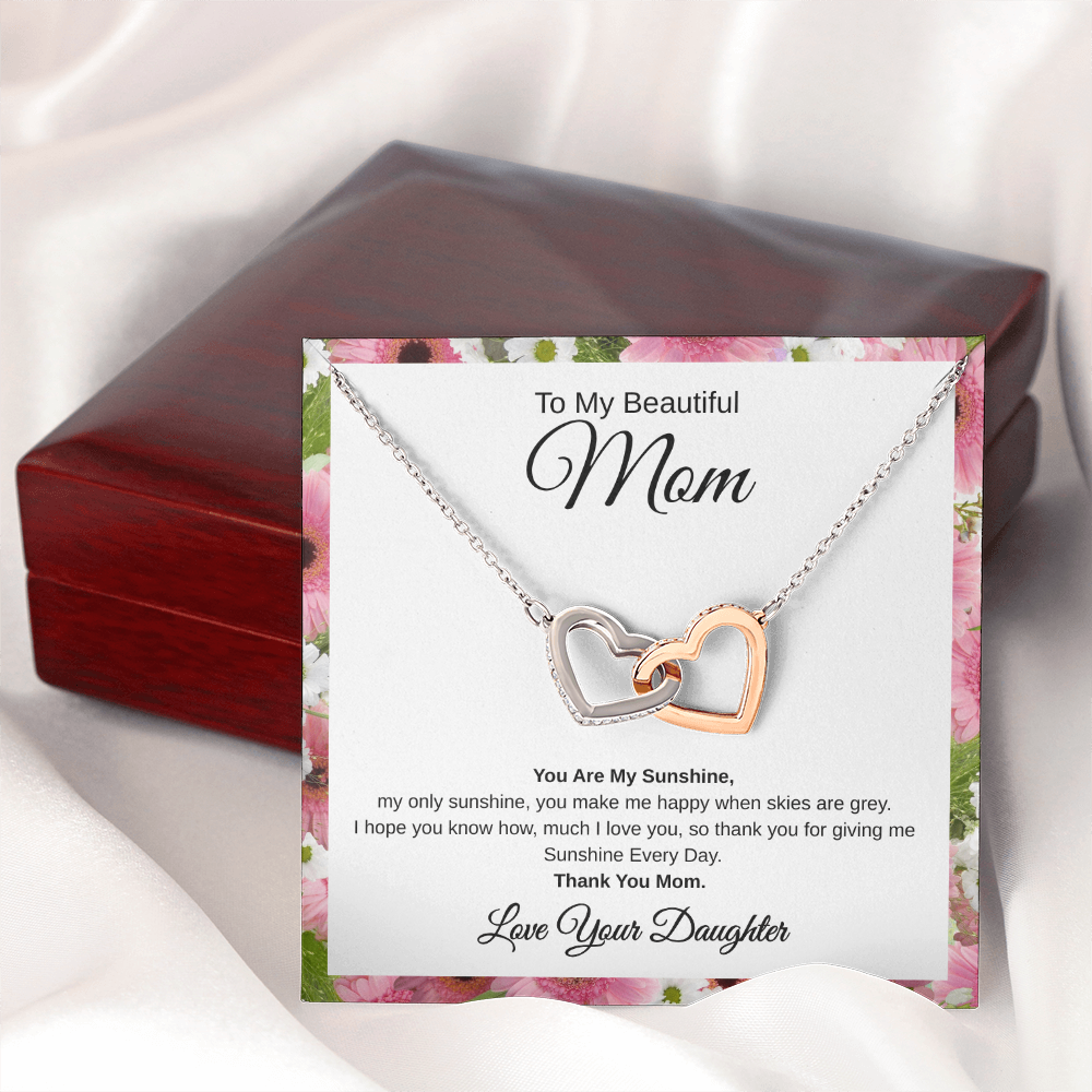 Gift From Daughter, To My Beautiful Mom "You Are My Sunshine" Interlocking Hearts Necklace