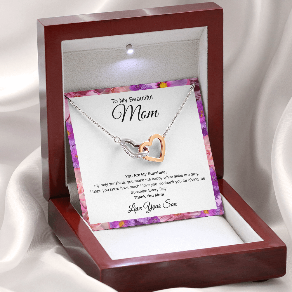 Gift From Son, To My Beautiful Mom "You Are My Sunshine" Interlocking Hearts Necklace