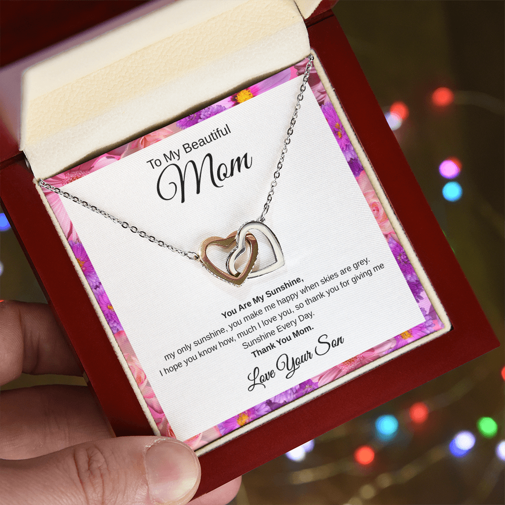 Gift From Son, To My Beautiful Mom "You Are My Sunshine" Interlocking Hearts Necklace