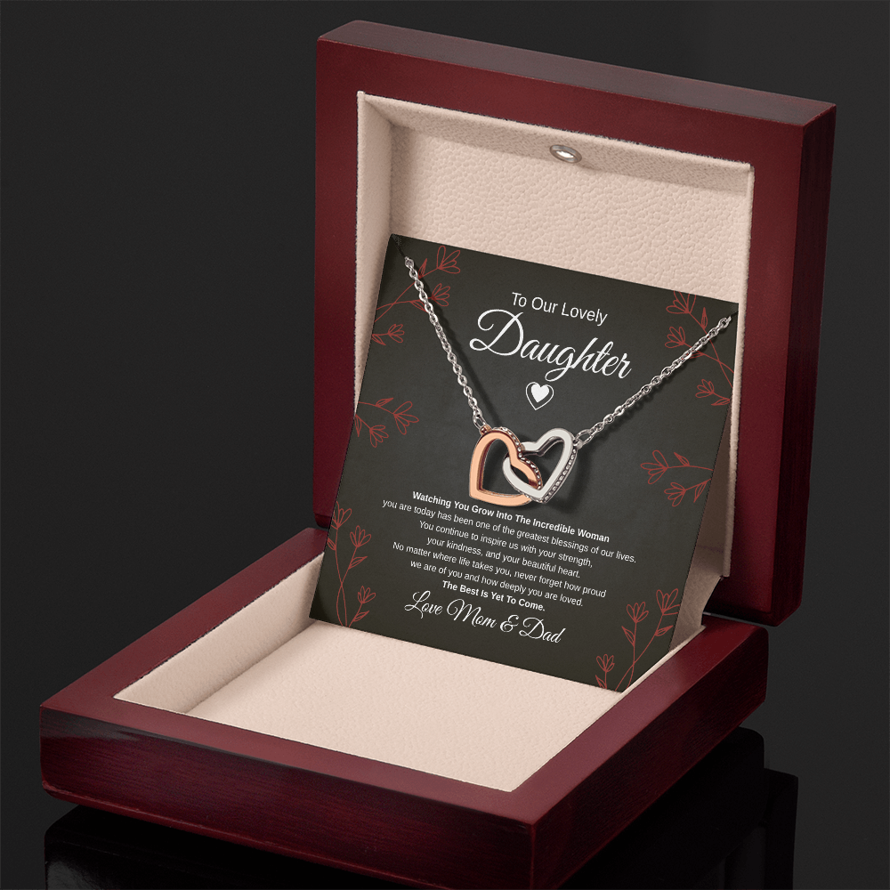 Gift To Our Lovely Daughter From Mom & Dad “One Of The Greatest Blessings Of Our Life”  Interlocking Hearts necklace
