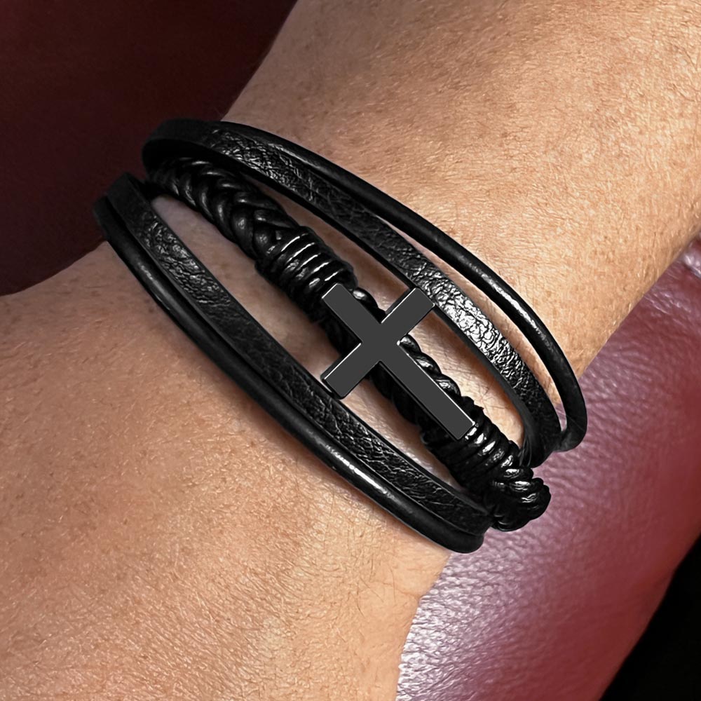 Gift To My Amazing Dad From Daughter “The First Hero. The Forever Protector” Cross Leather Bracelet
