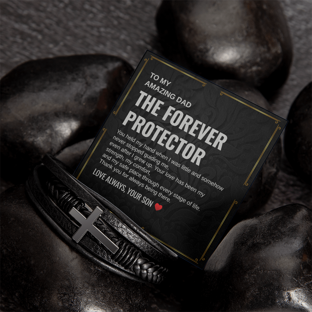 Gift To My Amazing Dad From Son “The First Hero. The Forever Protector” Cross Leather Bracelet