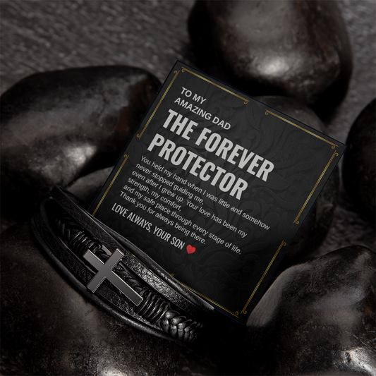 Gift To My Amazing Dad From Son “The First Hero. The Forever Protector” Cross Leather Bracelet