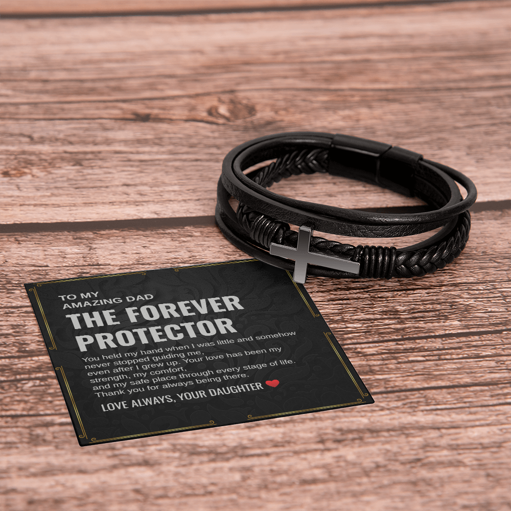 Gift To My Amazing Dad From Daughter “The First Hero. The Forever Protector” Cross Leather Bracelet