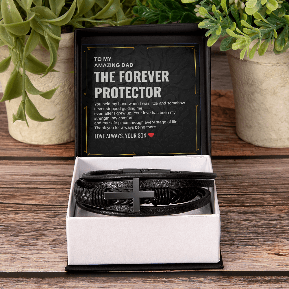 Gift To My Amazing Dad From Son “The First Hero. The Forever Protector” Cross Leather Bracelet