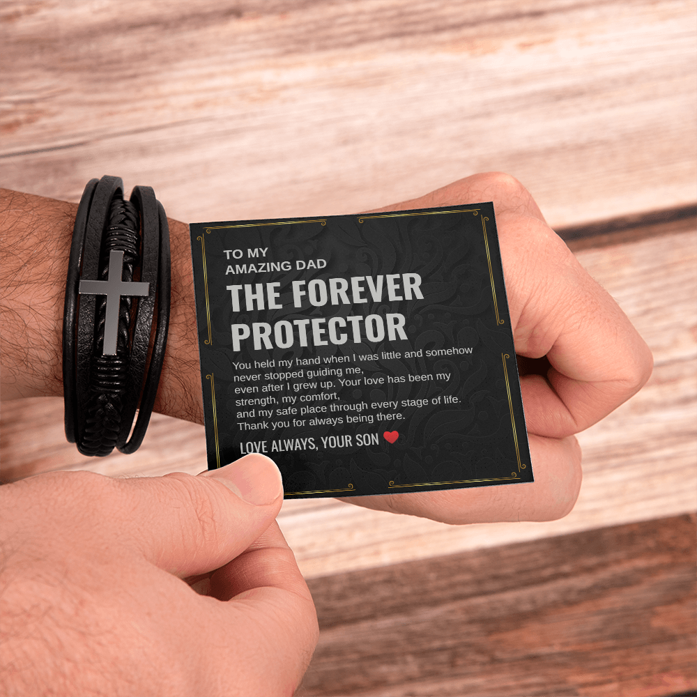 Gift To My Amazing Dad From Son “The First Hero. The Forever Protector” Cross Leather Bracelet