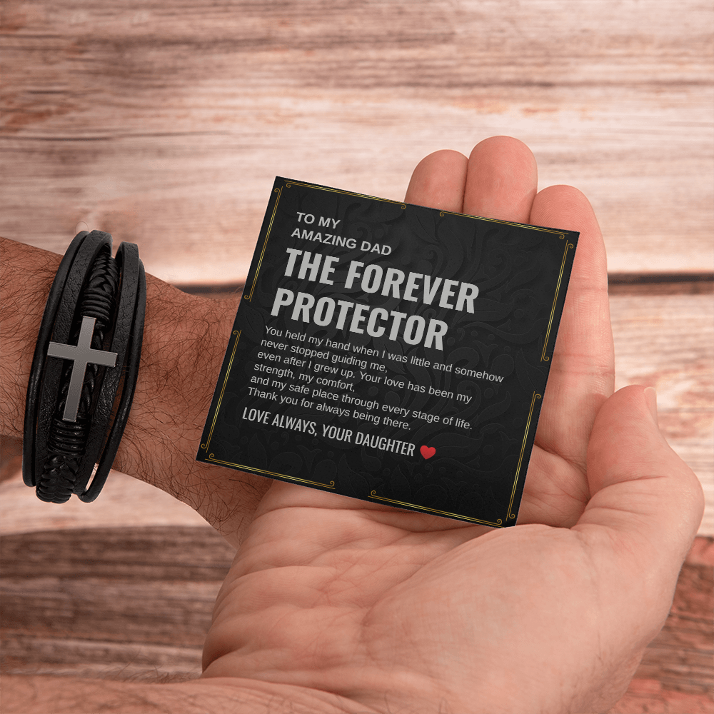 Gift To My Amazing Dad From Daughter “The First Hero. The Forever Protector” Cross Leather Bracelet