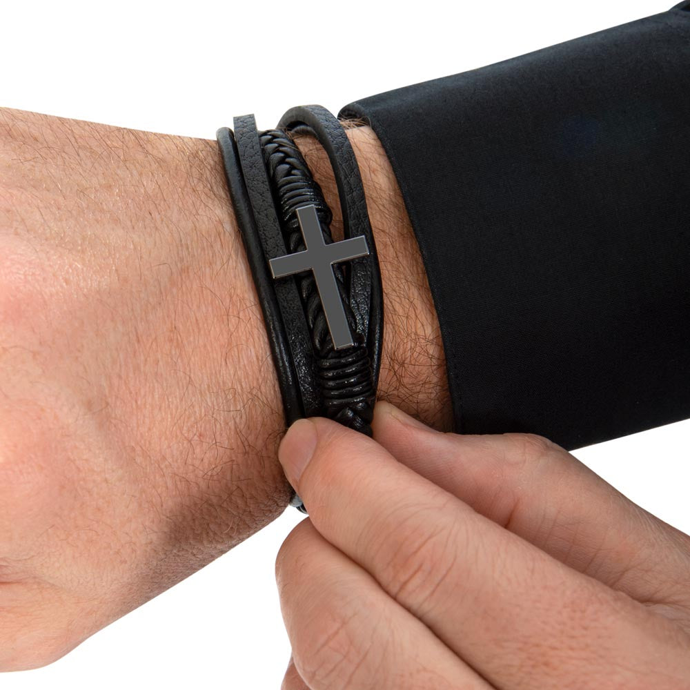 Gift To My Amazing Dad From Son “The First Hero. The Forever Protector” Cross Leather Bracelet