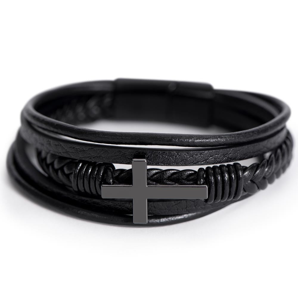 Gift To My Amazing Dad From Son “The First Hero. The Forever Protector” Cross Leather Bracelet