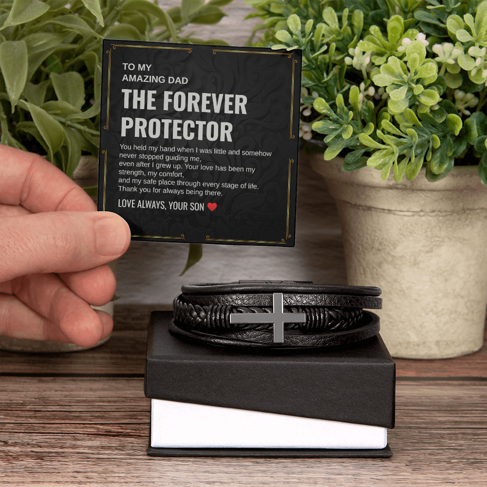 Gift To My Amazing Dad From Son “The First Hero. The Forever Protector” Cross Leather Bracelet