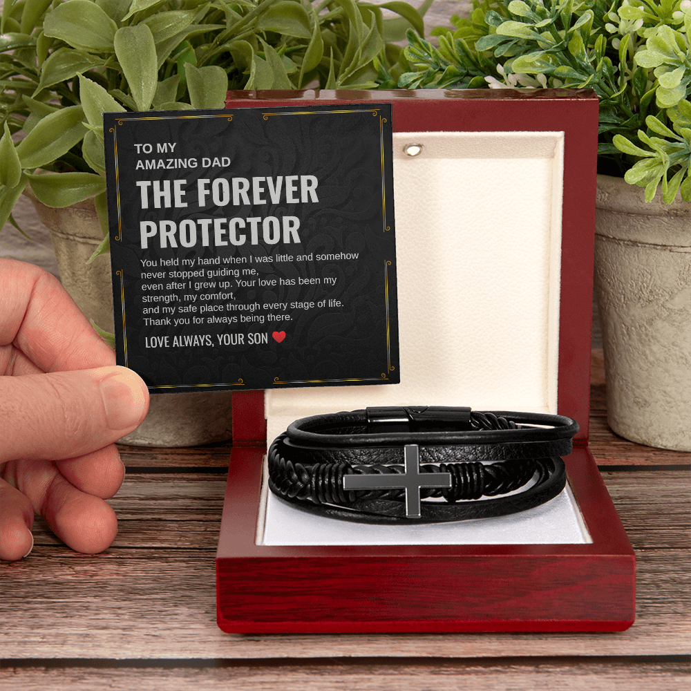 Gift To My Amazing Dad From Son “The First Hero. The Forever Protector” Cross Leather Bracelet