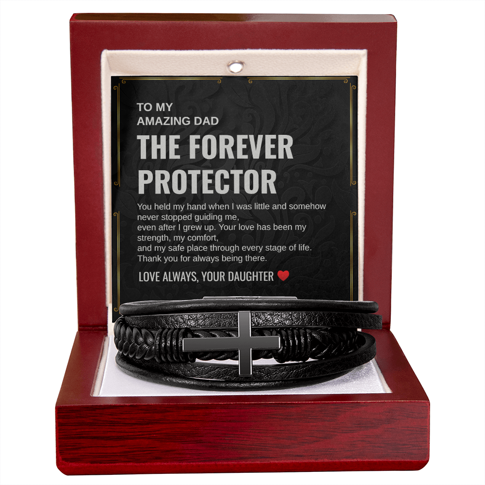 Gift To My Amazing Dad From Daughter “The First Hero. The Forever Protector” Cross Leather Bracelet
