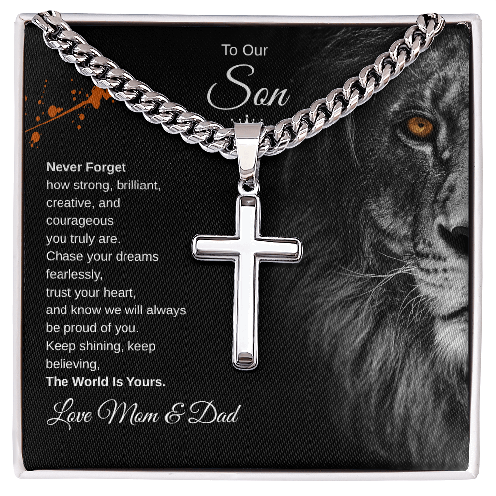 Gift To Our Son From Mom & Dad “The World Is Yours” Cross with Link Chain Necklace