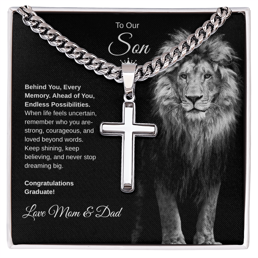 Gift To Our Son From Mom & Dad “Never Stop Dreaming Big” Cross with Link Chain Necklace