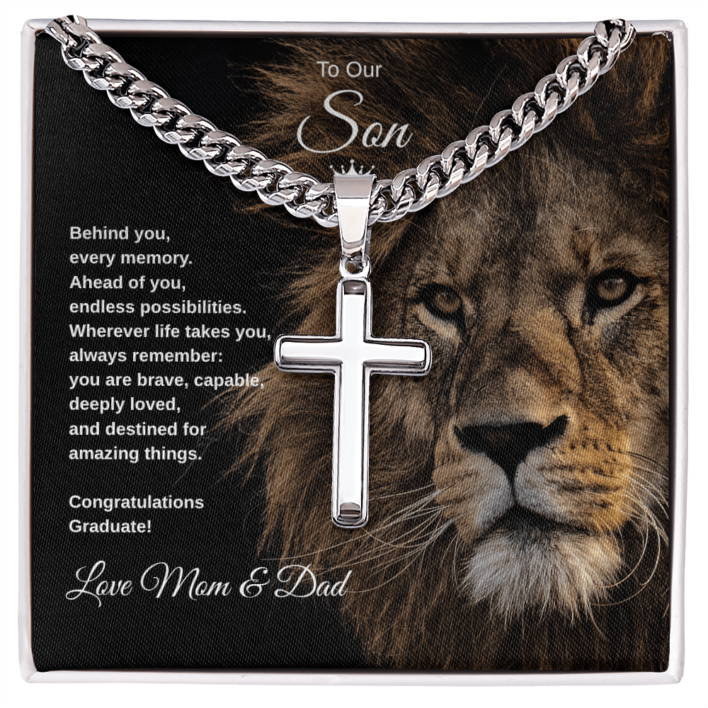 Gift To Our Son From Mom & Dad “You Are Destined For Amazing Things” Cross with Link Chain Necklace