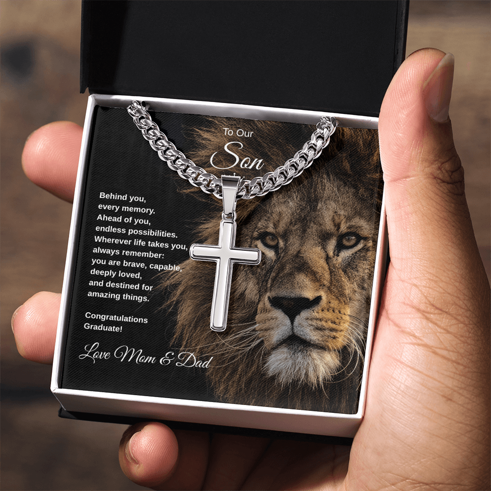 Gift To Our Son From Mom & Dad “You Are Destined For Amazing Things” Cross with Link Chain Necklace