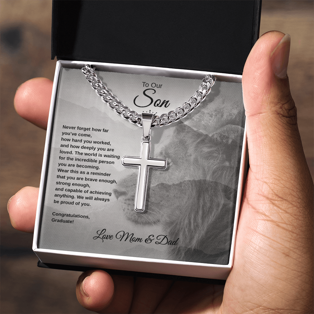 Gift To Our Son From Mom & Dad “Never Forget How far You've Come” Cross with Link Chain Necklace