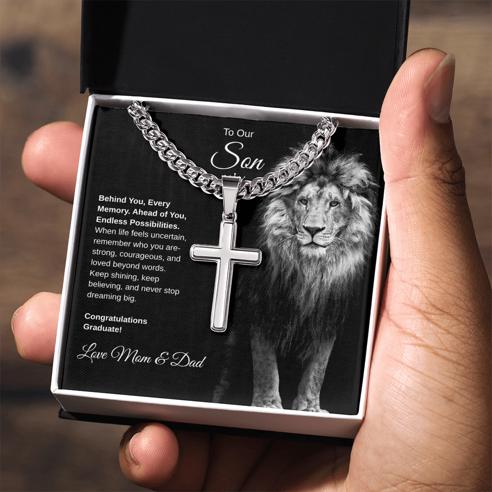 Gift To Our Son From Mom & Dad “Never Stop Dreaming Big” Cross with Link Chain Necklace