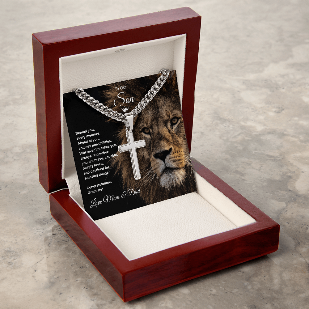 Gift To Our Son From Mom & Dad “You Are Destined For Amazing Things” Cross with Link Chain Necklace