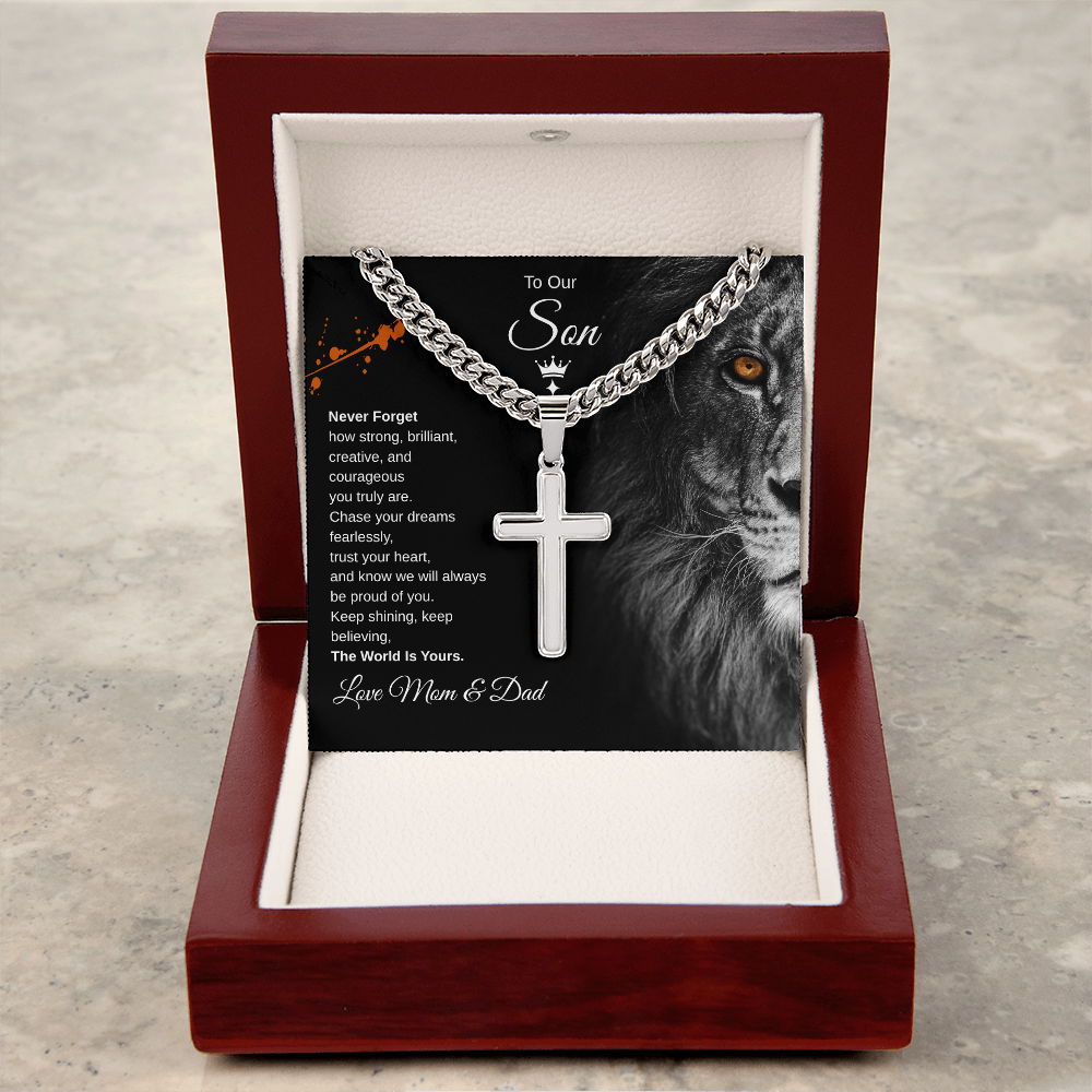 Gift To Our Son From Mom & Dad “The World Is Yours” Cross with Link Chain Necklace
