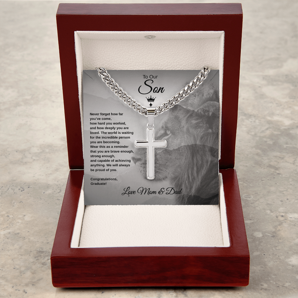 Gift To Our Son From Mom & Dad “Never Forget How far You've Come” Cross with Link Chain Necklace
