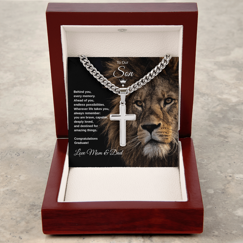 Gift To Our Son From Mom & Dad “You Are Destined For Amazing Things” Cross with Link Chain Necklace