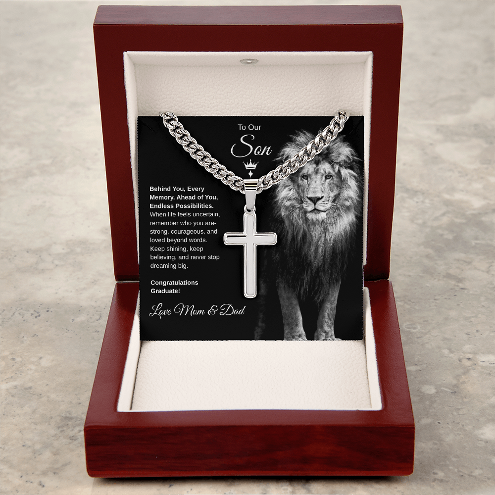 Gift To Our Son From Mom & Dad “Never Stop Dreaming Big” Cross with Link Chain Necklace
