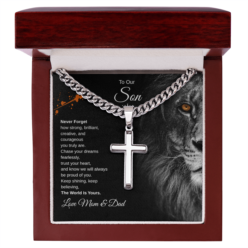 Gift To Our Son From Mom & Dad “The World Is Yours” Cross with Link Chain Necklace