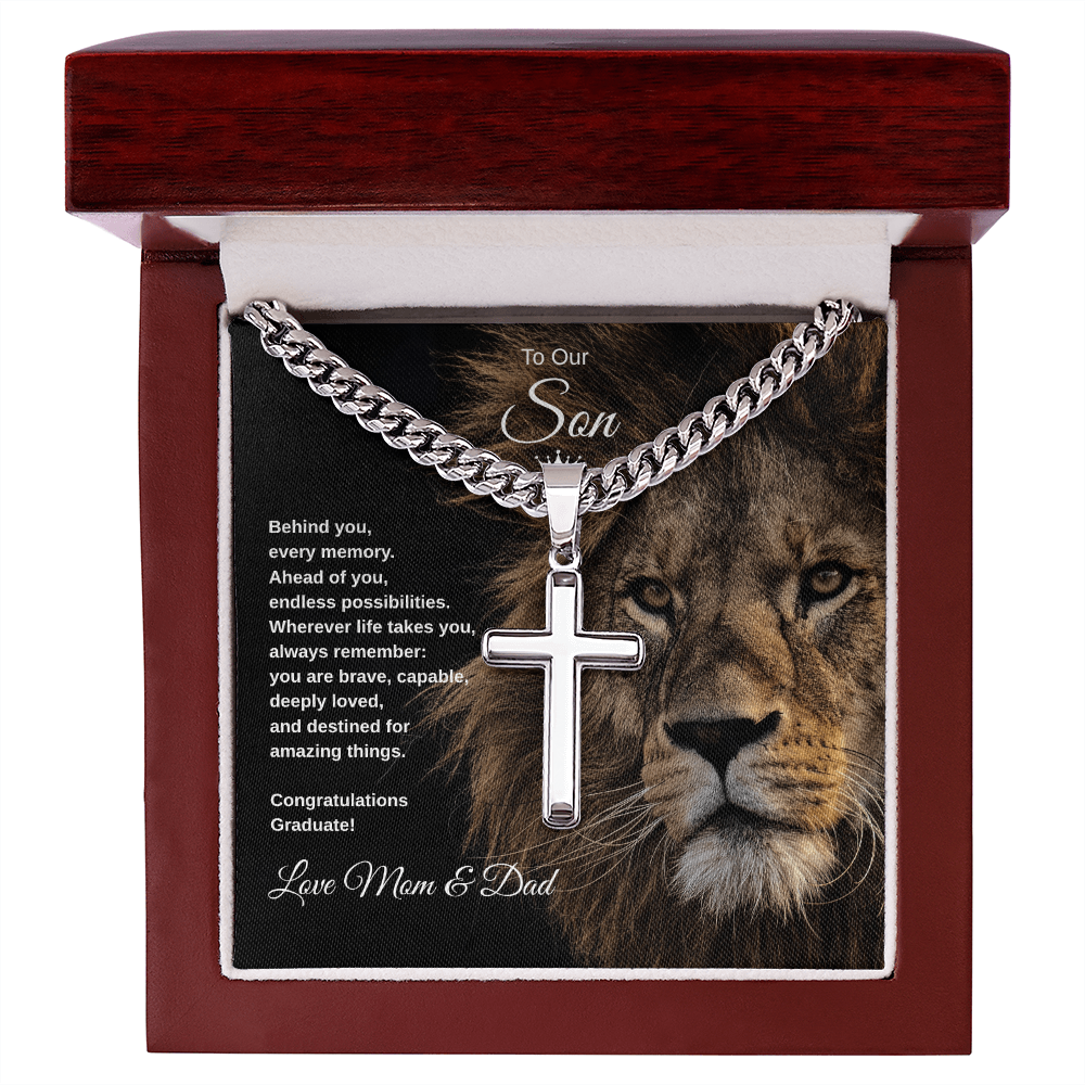 Gift To Our Son From Mom & Dad “You Are Destined For Amazing Things” Cross with Link Chain Necklace