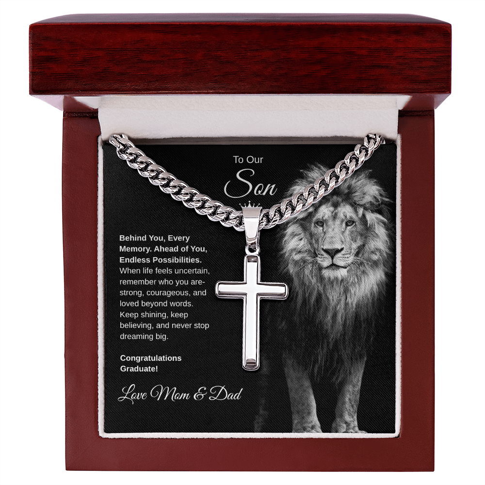 Gift To Our Son From Mom & Dad “Never Stop Dreaming Big” Cross with Link Chain Necklace