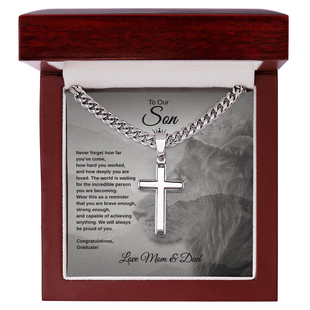 Gift To Our Son From Mom & Dad “Never Forget How far You've Come” Cross with Link Chain Necklace