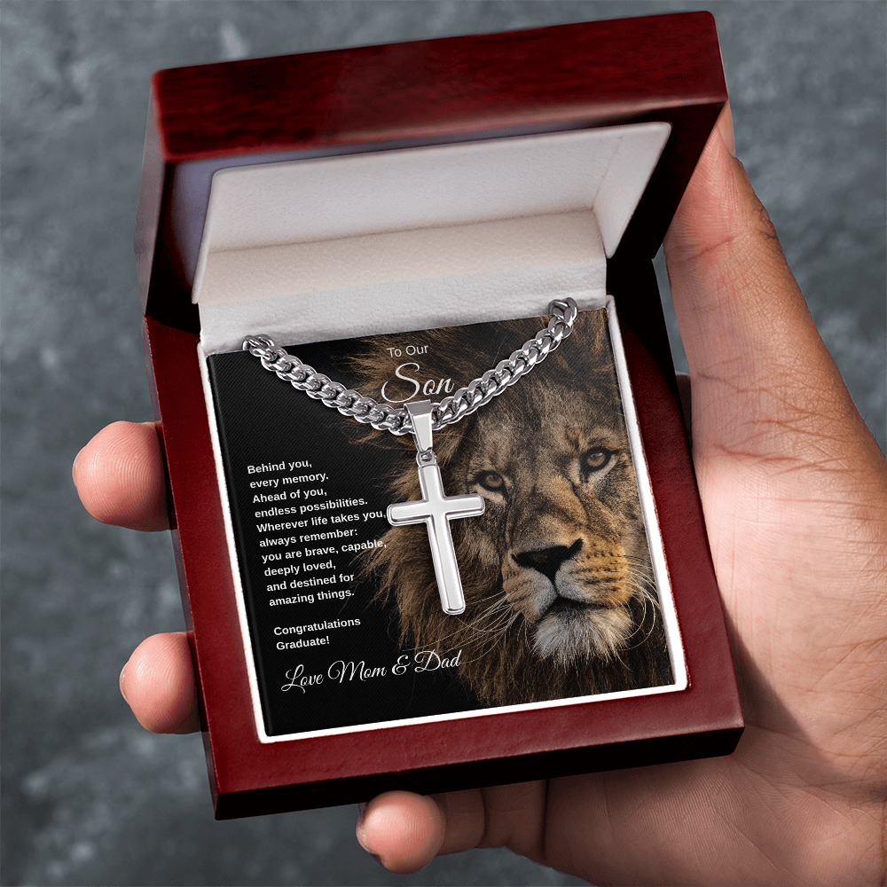 Gift To Our Son From Mom & Dad “You Are Destined For Amazing Things” Cross with Link Chain Necklace